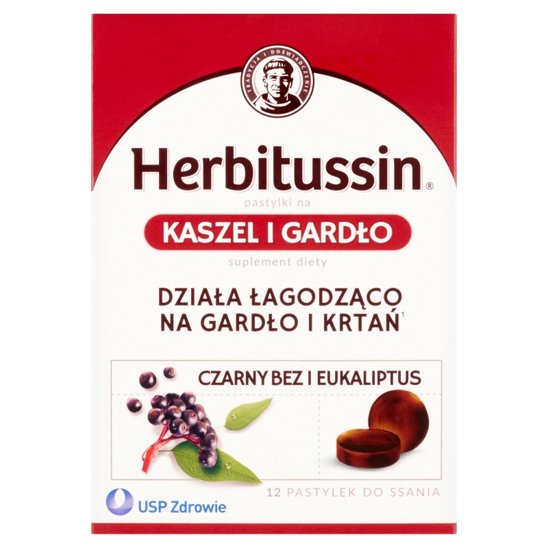 Herbitussin , pastylki do ssania ze składnikami wspomagającymi w bólu gardła i kaszlu, 12 szt.