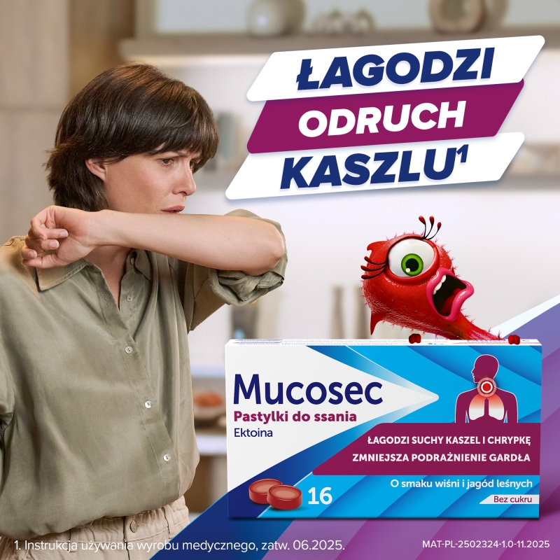 Mucosec, pastylki do ssania, wiśnia i jagody leśne, 16 szt.