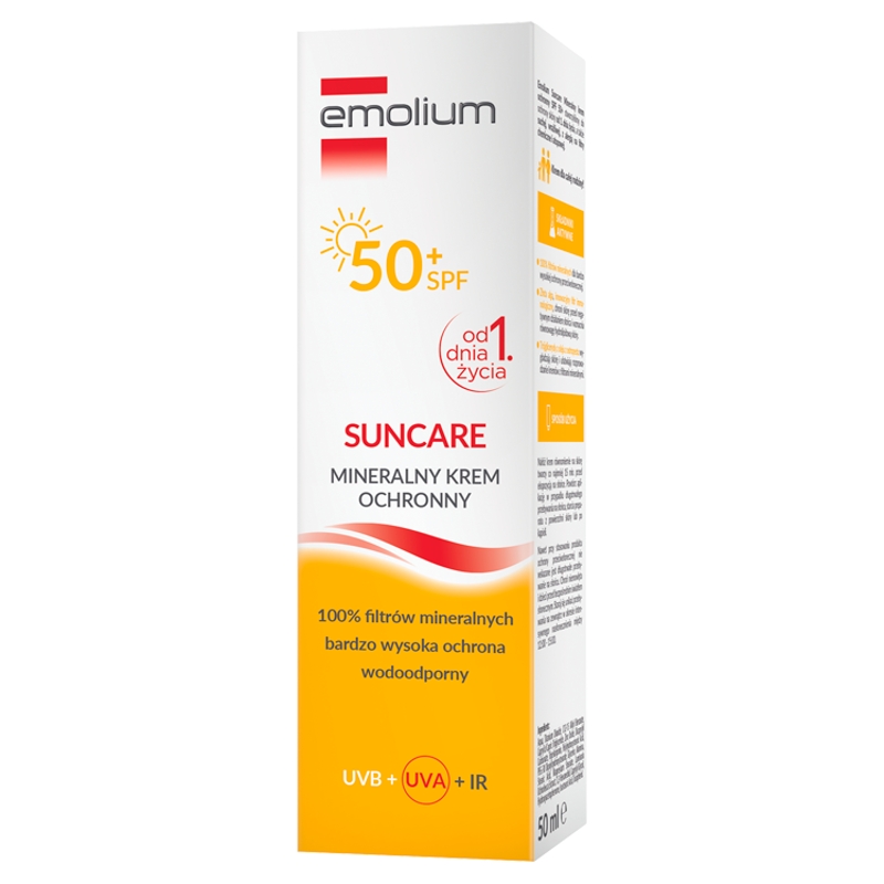 Emolium Suncare, mineralny krem ochronny SPF 50+, wodoodporny, 50 ml KRÓTKA DATA 30.06.2025