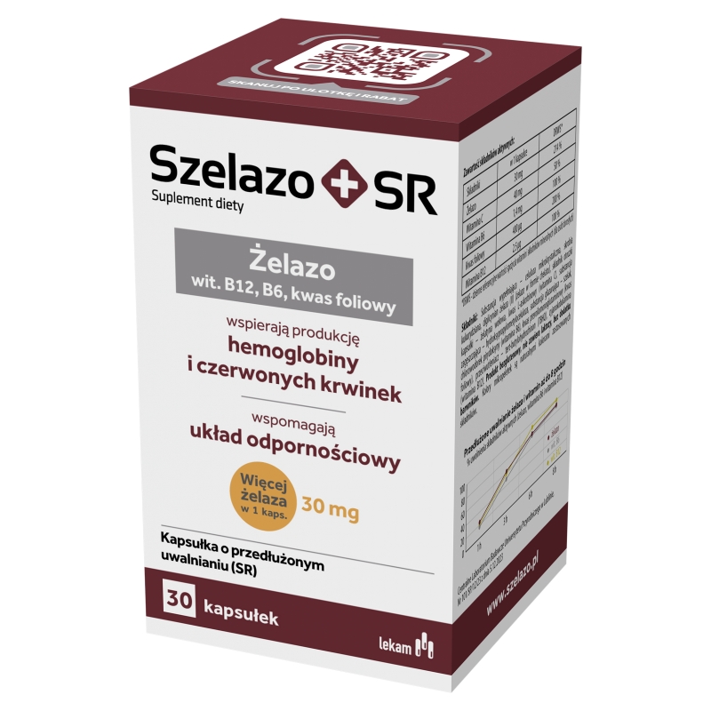 Szelazo+ SR, kapsułki z żelazem, witaminą B12 i kwasem foliowym, 30 szt.