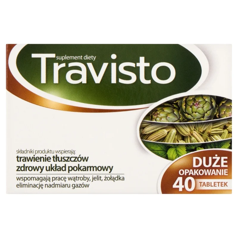 Travisto, tabletki ze składnikami wspomagającymi trawienie, pracę wątroby, 30 + 10 szt. gratis
