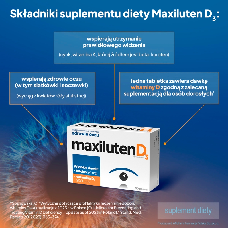Maxiluten D3, tabletki ze składnikami wspierającymi zdrowie oczu i utrzymanie prawidłowej ostrości widzenia z witaminą D3,  30 szt.