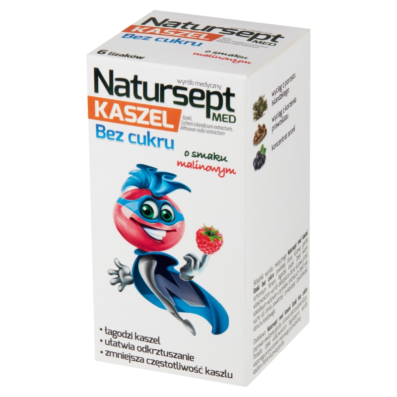 Natursept Med Kaszel, lizaki na ból gardła dla dzieci o smaku malinowym, 6 szt.