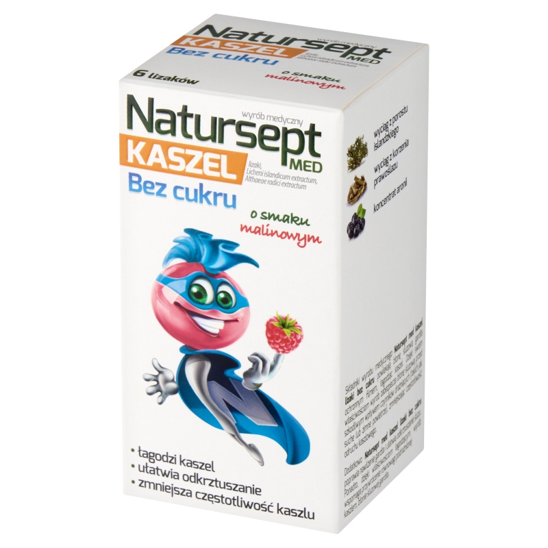 Natursept Med Kaszel, lizaki na ból gardła dla dzieci o smaku malinowym, 6 szt.
