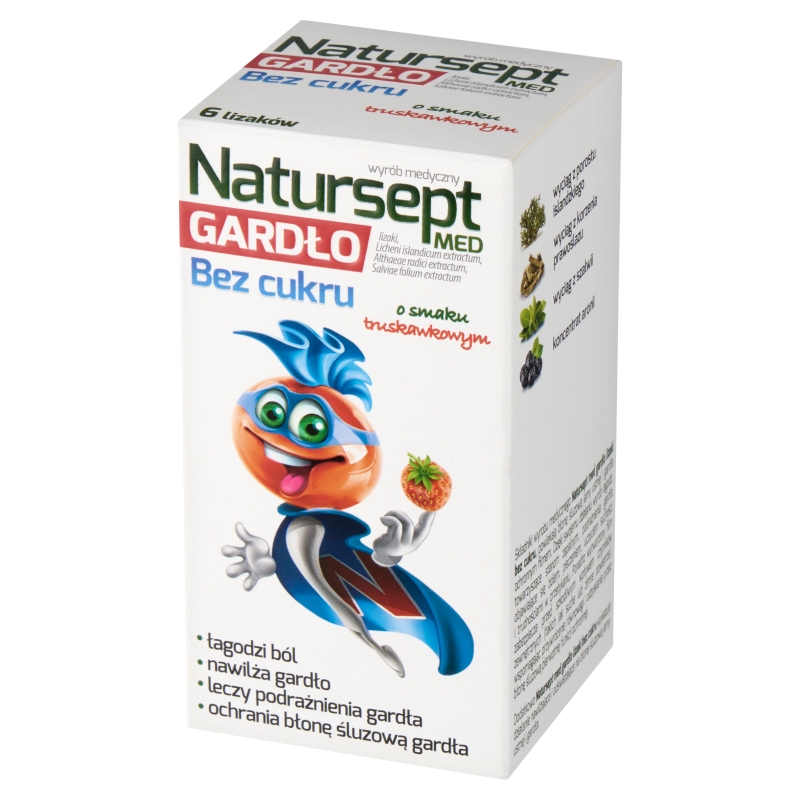 Natursept Med Gardło, lizaki na ból gardła o smaku truskawkowym bez cukru, 6 szt.