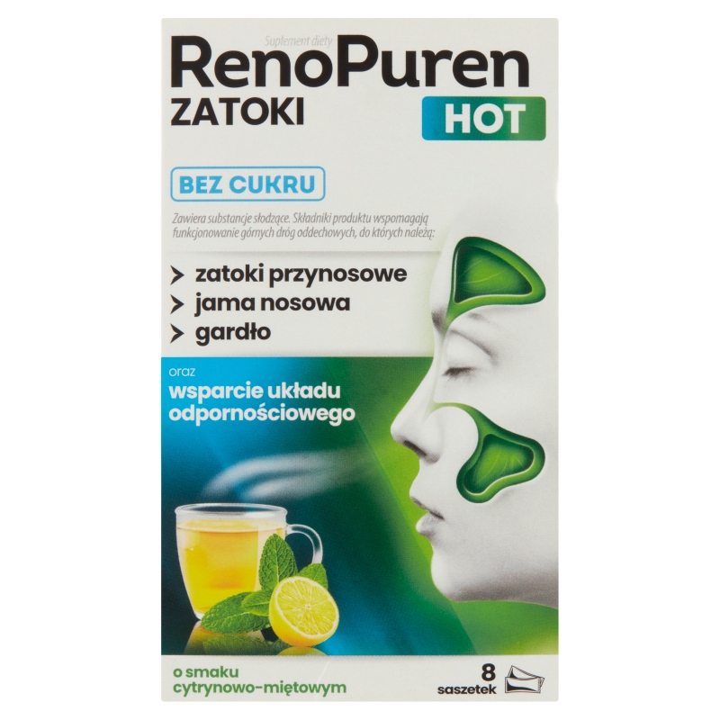 RenoPuren Zatoki Hot bez cukru, smak cytrynowo - miętowy, 8 saszetek