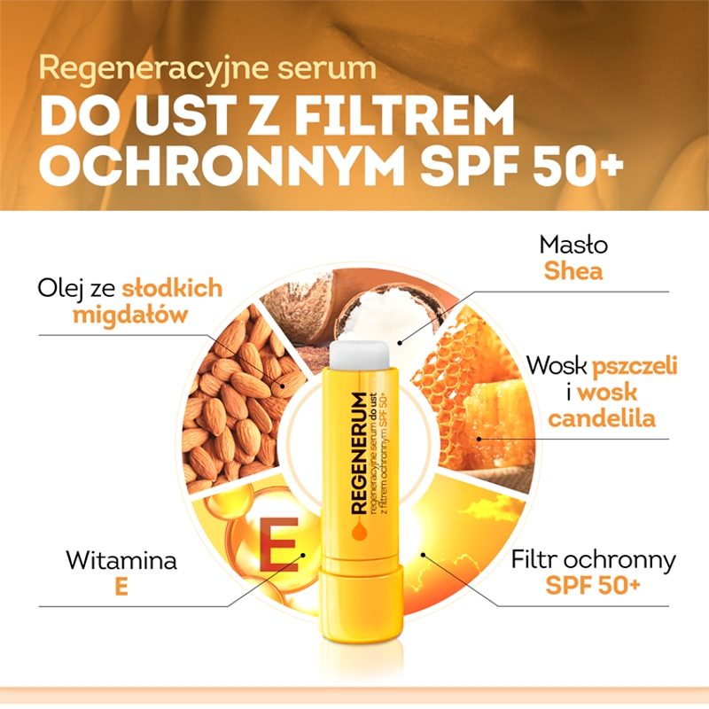 Regenerum Regeneracyjne Serum, Pomadka do ust z filtrem ochronnym SPF 50+, 5 g