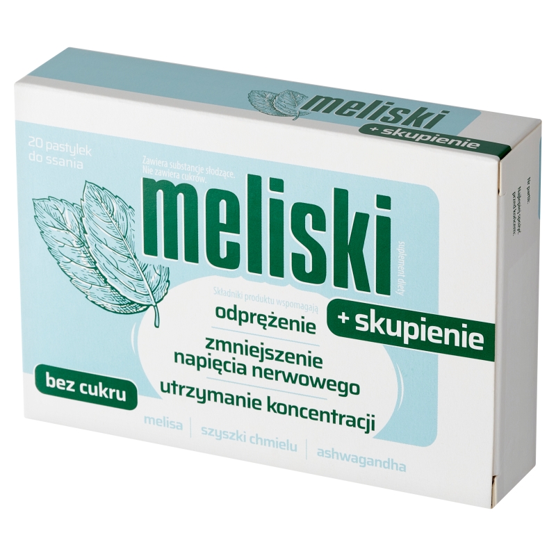 Meliski + Skupienie, pastylki do ssania ze składnikami wspomagającymi redukcje stresu i poprawę koncentracji, 20 szt.
