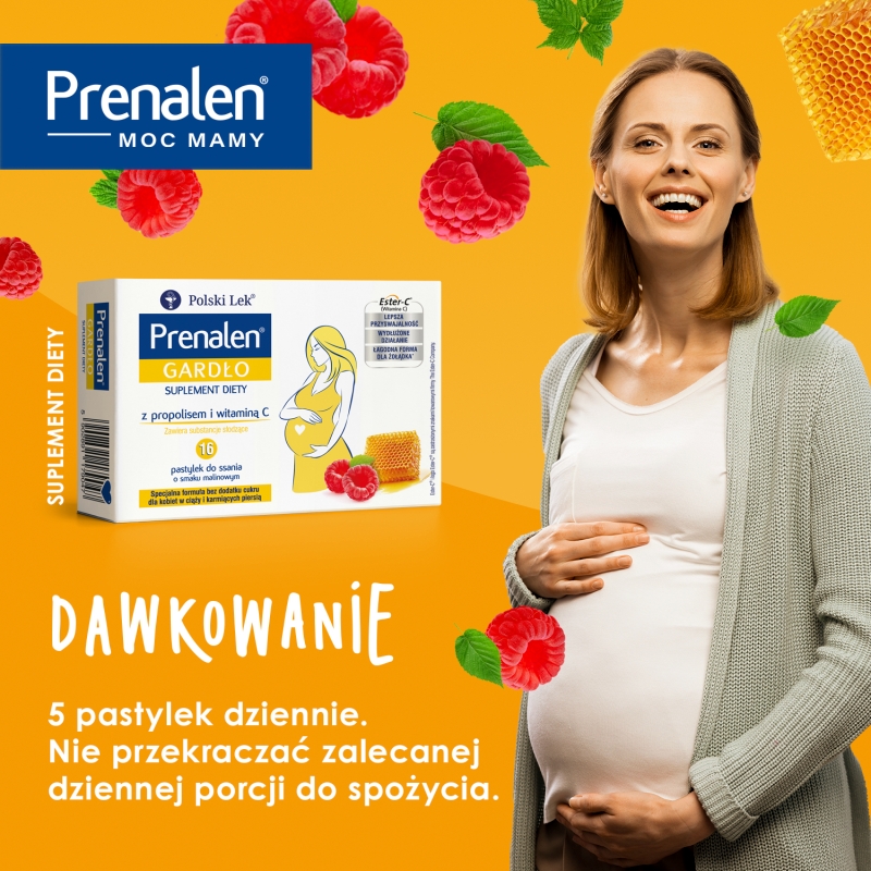 Prenalen Gardło, pastylki ze składnikami wspomagającymi w stanach zaplanych gardła dla kobiet w ciąży i matek karmiących, 16 szt.