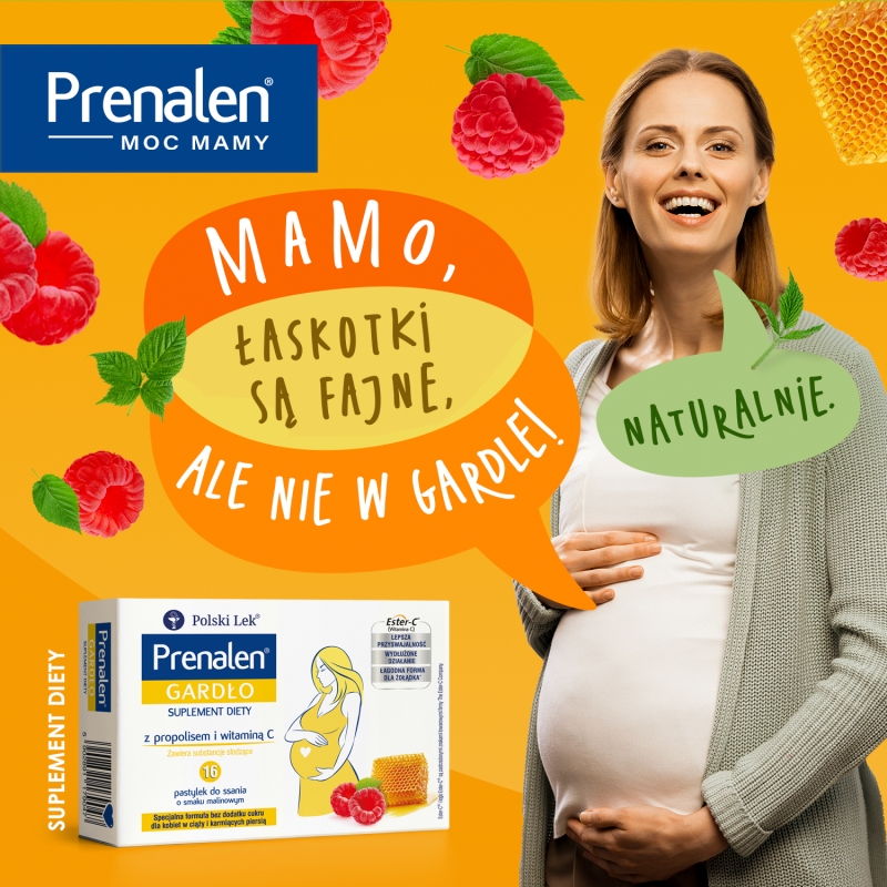 Prenalen Gardło, pastylki ze składnikami wspomagającymi w stanach zaplanych gardła dla kobiet w ciąży i matek karmiących, 16 szt.