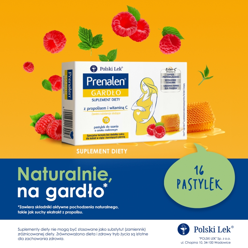 Prenalen Gardło, pastylki ze składnikami wspomagającymi w stanach zaplanych gardła dla kobiet w ciąży i matek karmiących, 16 szt.