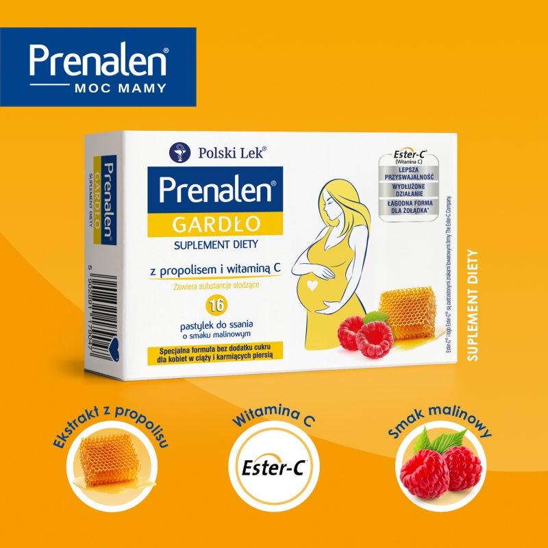 Prenalen Gardło, pastylki dla kobiet w ciąży i matek karmiących, 16 szt. KRÓTKA DATA 28.02.2026