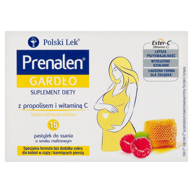Prenalen Gardło, pastylki ze składnikami wspomagającymi w stanach zaplanych gardła dla kobiet w ciąży i matek karmiących, 16 szt.