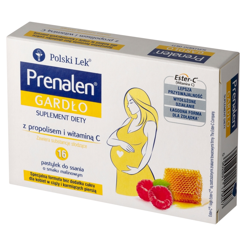 Prenalen Gardło, pastylki ze składnikami wspomagającymi w stanach zaplanych gardła dla kobiet w ciąży i matek karmiących, 16 szt.