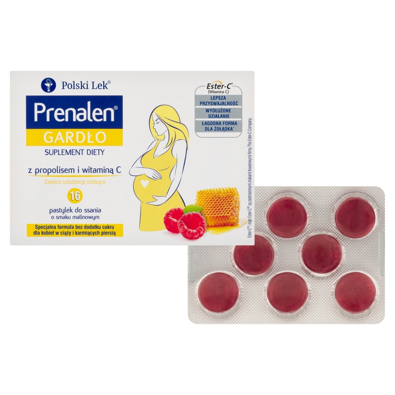 Prenalen Gardło, pastylki ze składnikami wspomagającymi w stanach zaplanych gardła dla kobiet w ciąży i matek karmiących, 16 szt.