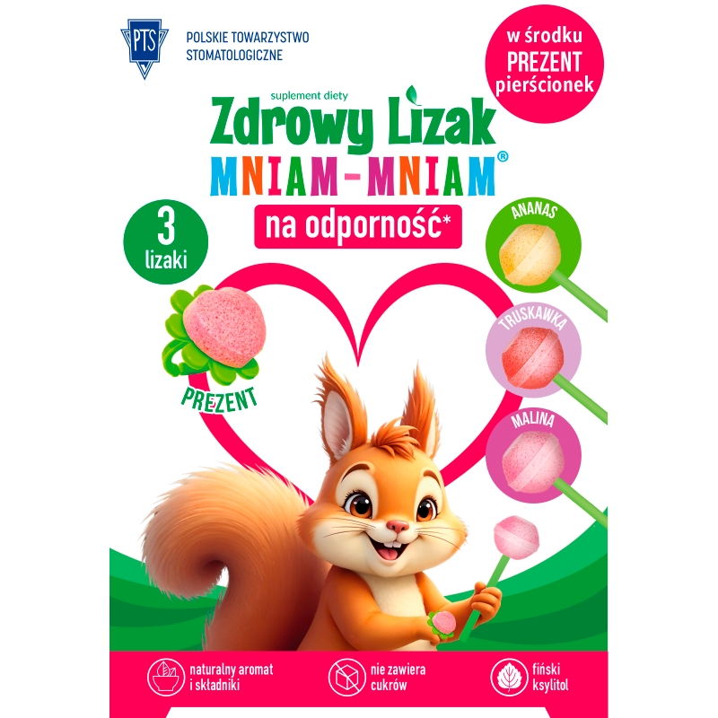 Zdrowy Lizak Mniam-Mniam, wzbogacony o witaminę C i D o smaku ananasowym, malinowym i truskawkowym, 3 szt. + prezent