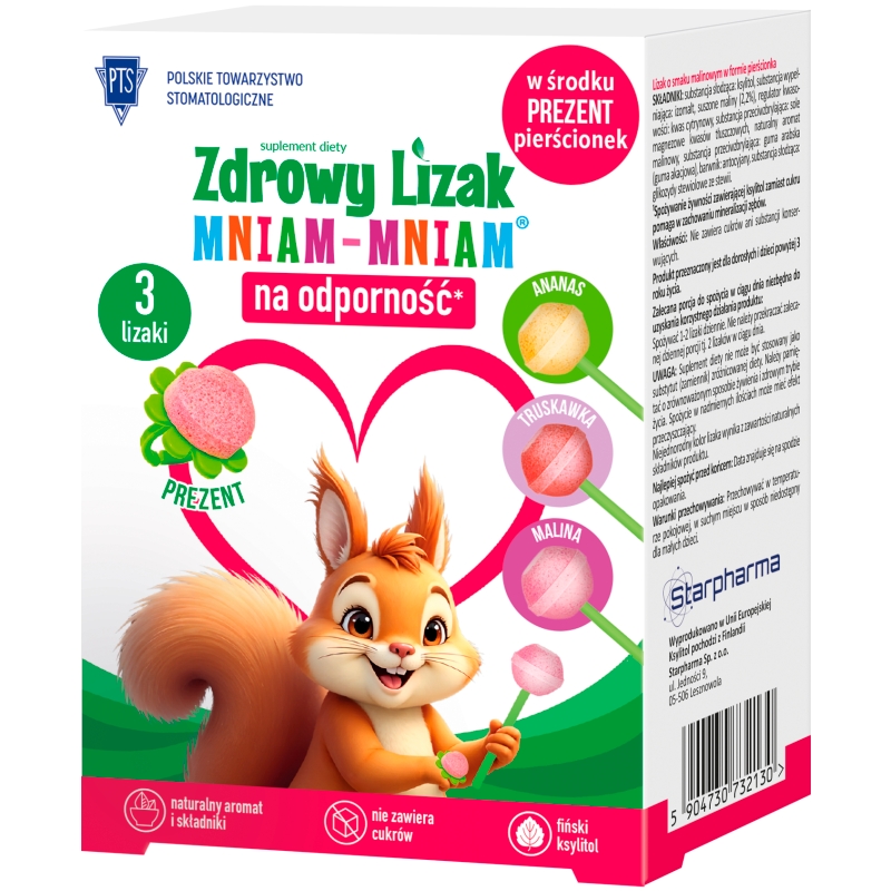 Zdrowy Lizak Mniam-Mniam, wzbogacony o witaminę C i D o smaku ananasowym, malinowym i truskawkowym, 3 szt. + prezent