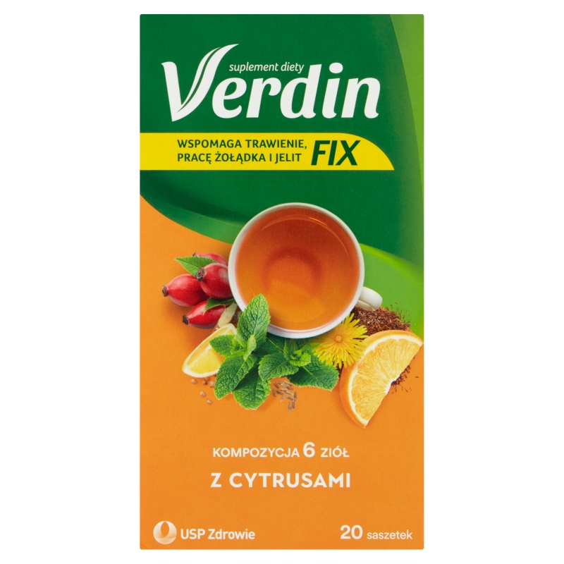 Verdin FIX z Cytrusami , zioła do zaparzania ze składnikami wspierającymi pracę jelit i żołądka, 20 szt.