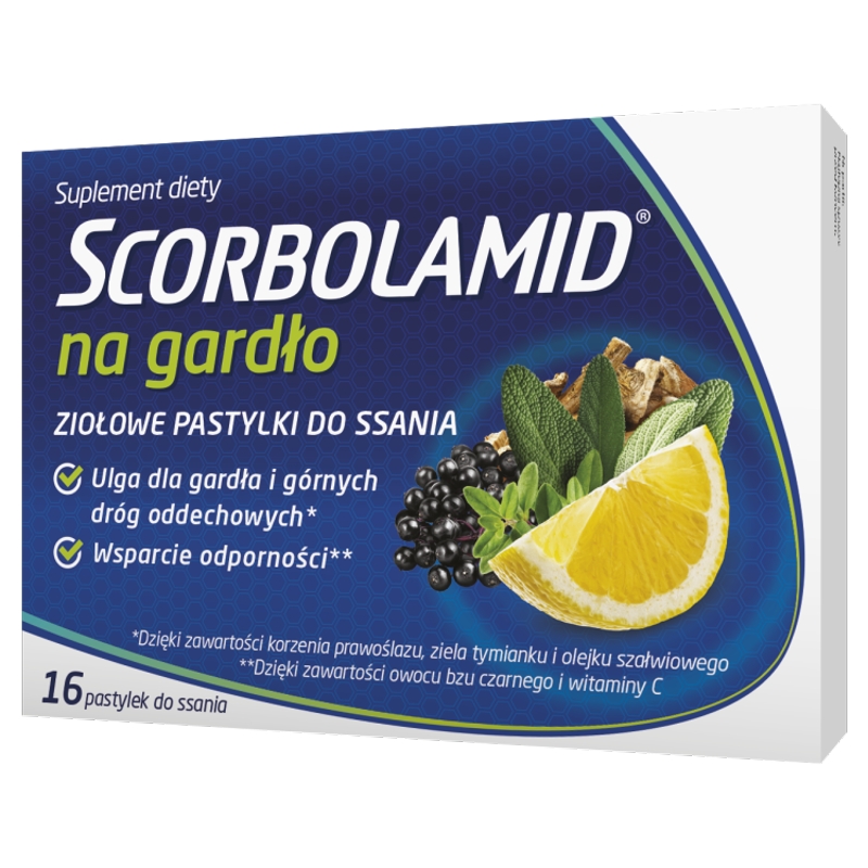 Scorbolamid Na Gardło, tabletki do ssania ze składnikami łagodzącymi objawy podrażnienia gardła, 16 szt.