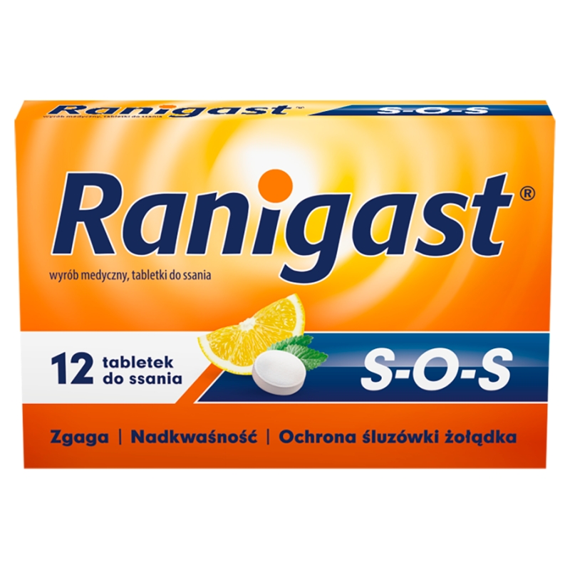 Ranigast S-O-S, tabletki do ssania na zgagę, nadkwasowość, 12 szt.