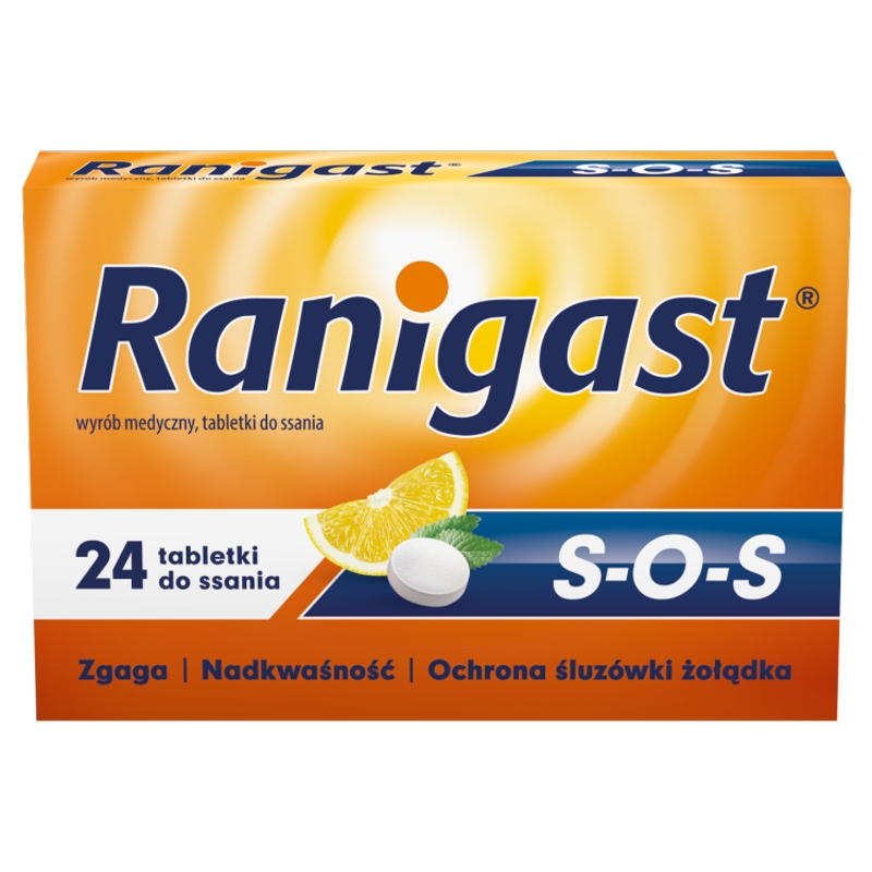 Ranigast S-O-S, tabletki do ssania na zgagę, nadkwasowość, 24 szt.