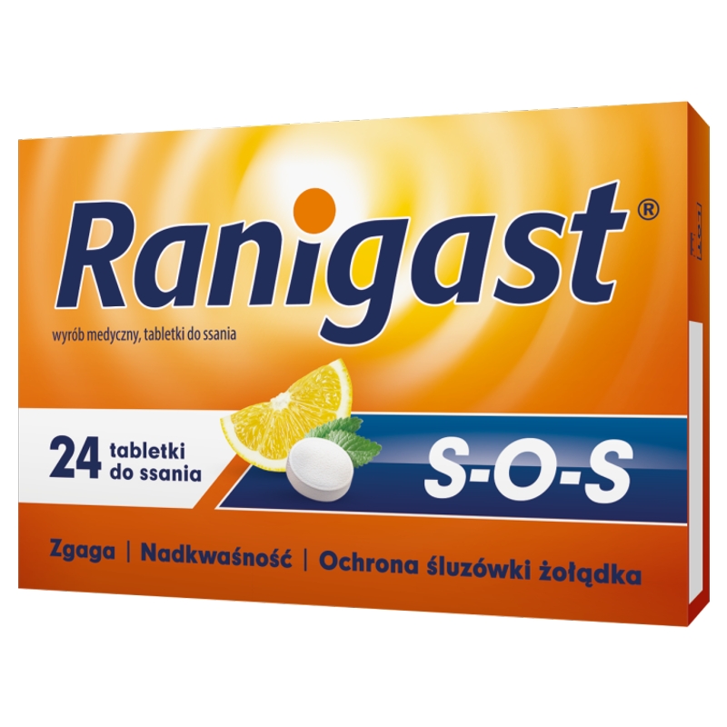 Ranigast S-O-S tabletki do ssania na zgagę, nadkwasowość, 24 szt.