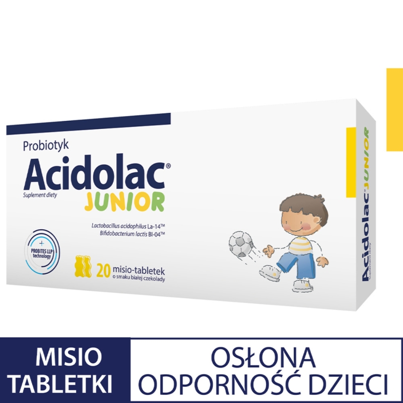 Acidolac Junior, tabletki o smaku białej czekolady ze składnikami wspierającymi odporność u dzieci, 20 szt.