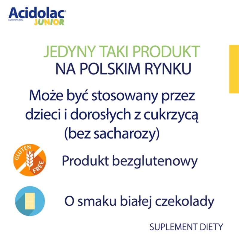 Acidolac Junior, tabletki o smaku białej czekolady ze składnikami wspierającymi odporność u dzieci, 20 szt.