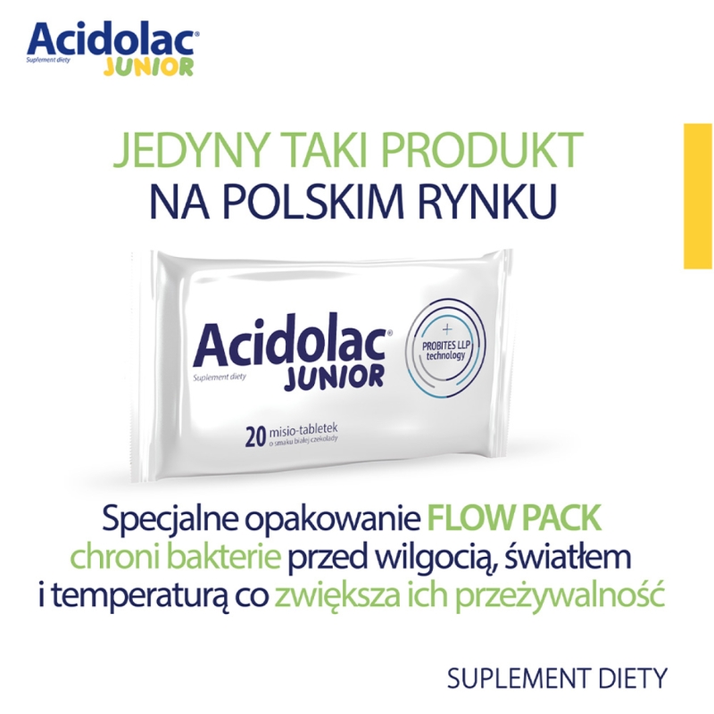 Acidolac Junior, tabletki o smaku białej czekolady ze składnikami wspierającymi odporność u dzieci, 20 szt.