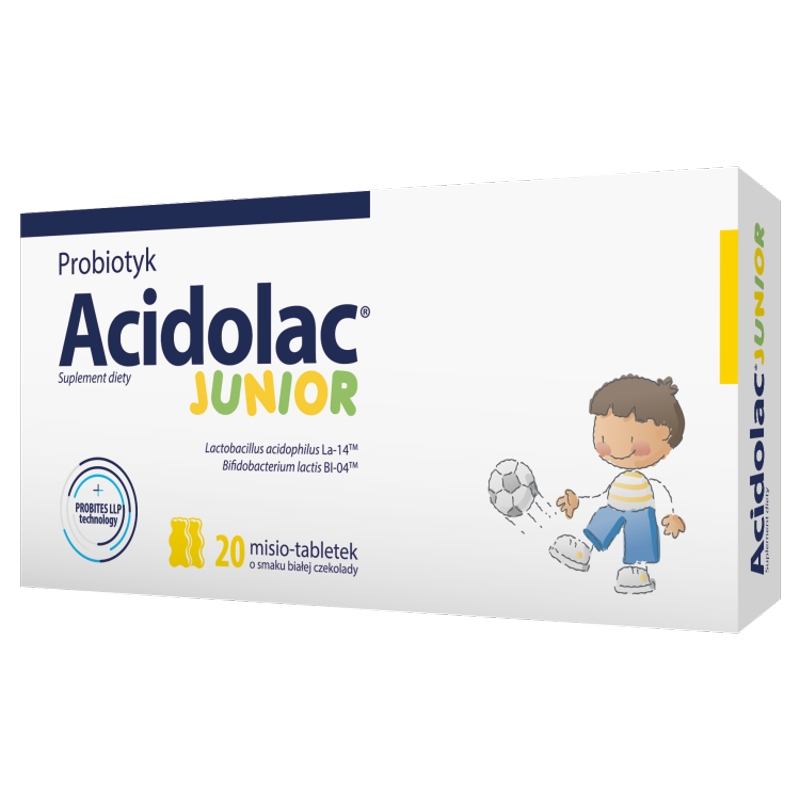 Acidolac Junior, tabletki o smaku białej czekolady ze składnikami wspierającymi odporność u dzieci, 20 szt.