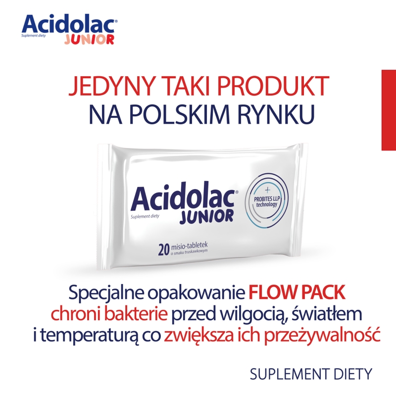 Acidolac Junior, tabletki  o smaku truskawkowym ze składnikami wspierającymi odporność u dzieci, 20 szt.