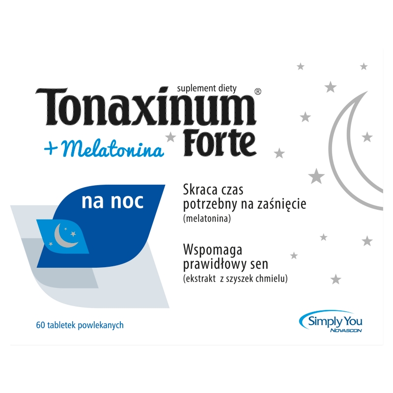 Tonaxinum Forte + Melatonina na noc , tabletki ze składnikami wspomagającymi prawidłowy sen, 60 szt.