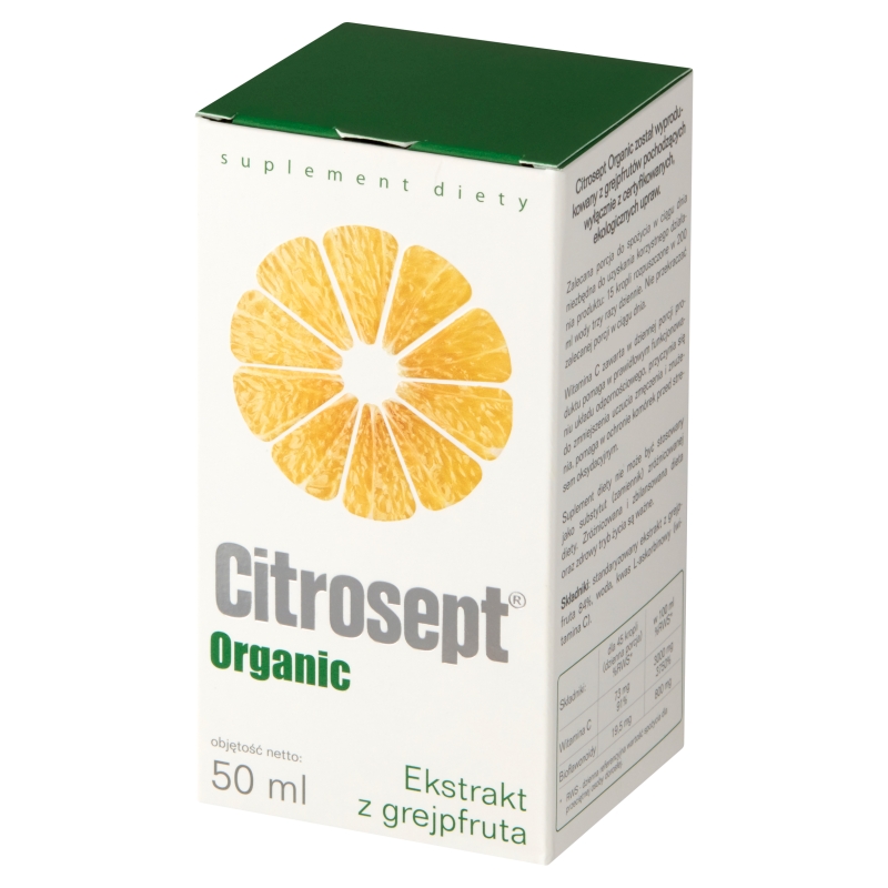 Citrosept Organic, krople ze składnikami wspierającymi w przeziębieniu z ekstraktem z grejpfruta, 50 ml