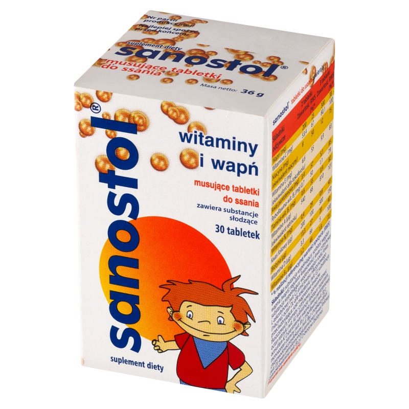 Sanostol , tabletki musujące do ssania dla dzieci i młodzieży z witaminami i wapniem, 30 szt.