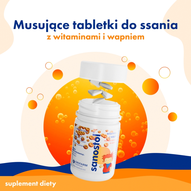Sanostol, tabletki musujące do ssania dla dzieci i młodzieży z witaminami i wapniem, 60 szt.
