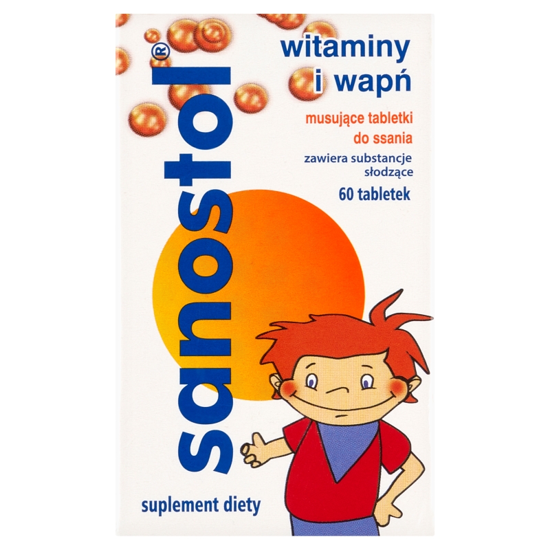 Sanostol, tabletki musujące do ssania dla dzieci i młodzieży z witaminami i wapniem, 60 szt.