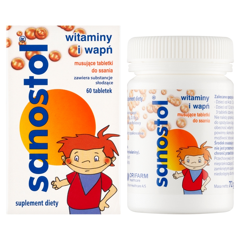 Sanostol, tabletki musujące do ssania dla dzieci i młodzieży z witaminami i wapniem, 60 szt.