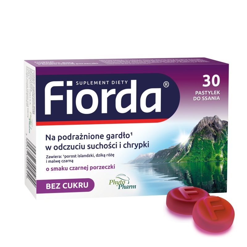 Fiorda, pastylki ze składnikami wspomagającymi w podrażnieniach gardła i krtani, o smaku czarnej porzeczki, 30 szt.