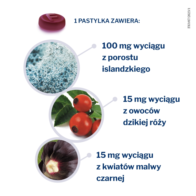 Fiorda, pastylki ze składnikami wspomagającymi w podrażnieniach gardła i krtani, o smaku czarnej porzeczki, 30 szt.
