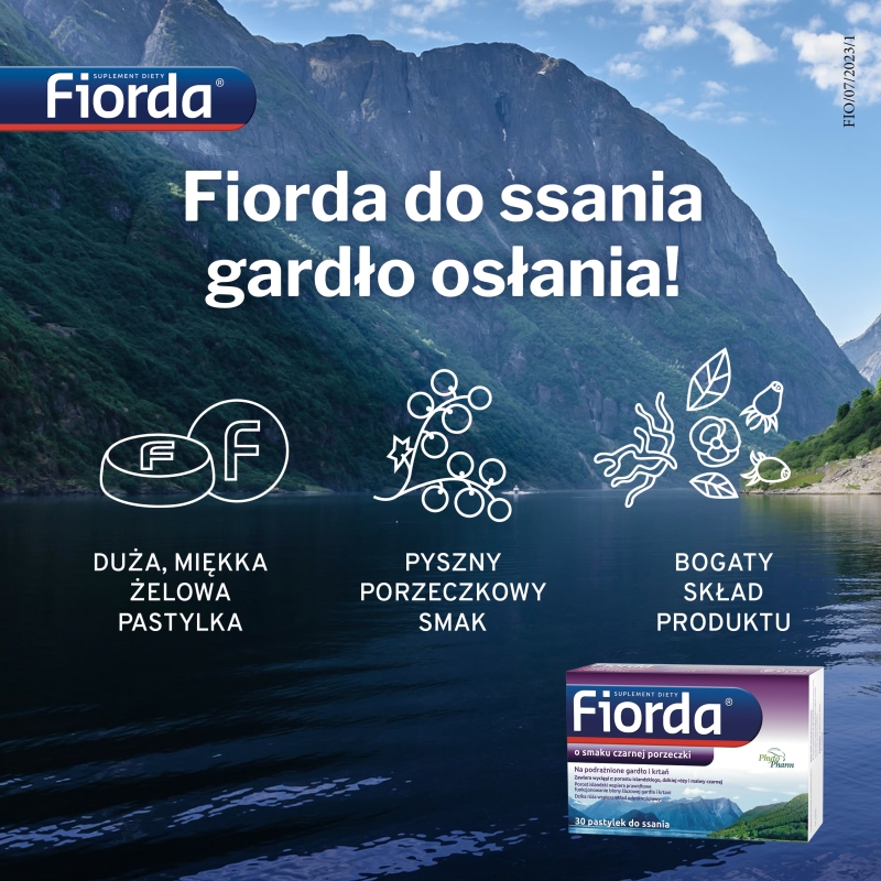 Fiorda, pastylki ze składnikami wspomagającymi w podrażnieniach gardła i krtani, o smaku czarnej porzeczki, 30 szt.