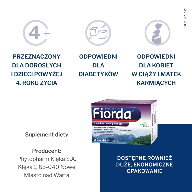 Fiorda, pastylki ze składnikami wspomagającymi w podrażnieniach gardła i krtani, o smaku czarnej porzeczki, 30 szt.