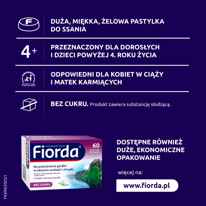 Fiorda, pastylki ze składnikami wspomagającymi w podrażnieniach gardła i krtani, o smaku czarnej porzeczki, 30 szt.