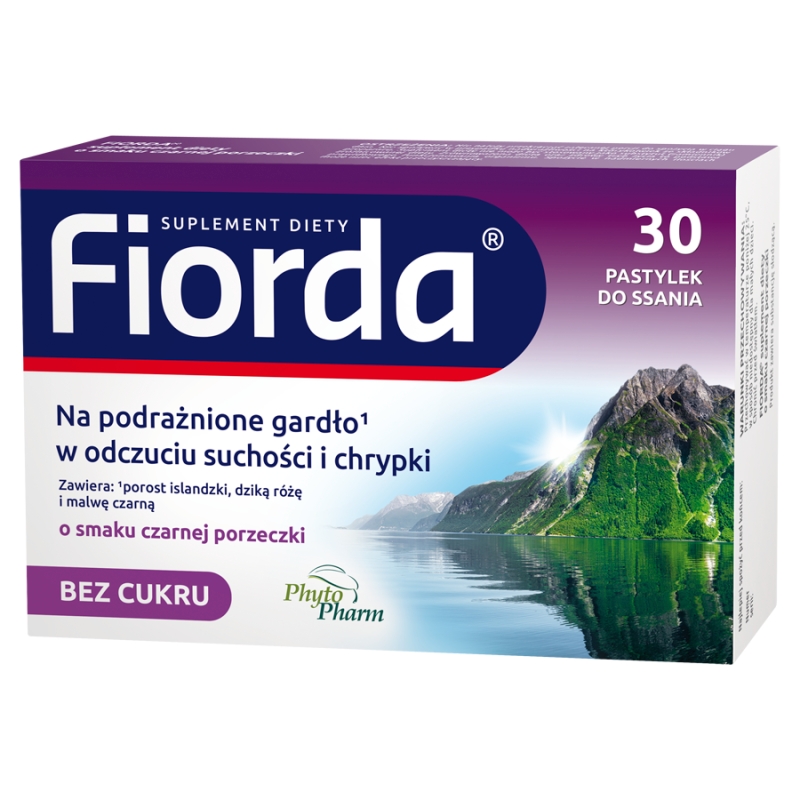 Fiorda, pastylki ze składnikami wspomagającymi w podrażnieniach gardła i krtani, o smaku czarnej porzeczki, 30 szt.