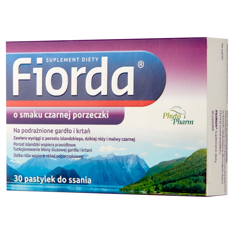 Fiorda, pastylki ze składnikami wspomagającymi w podrażnieniach gardła i krtani, o smaku czarnej porzeczki, 30 szt.