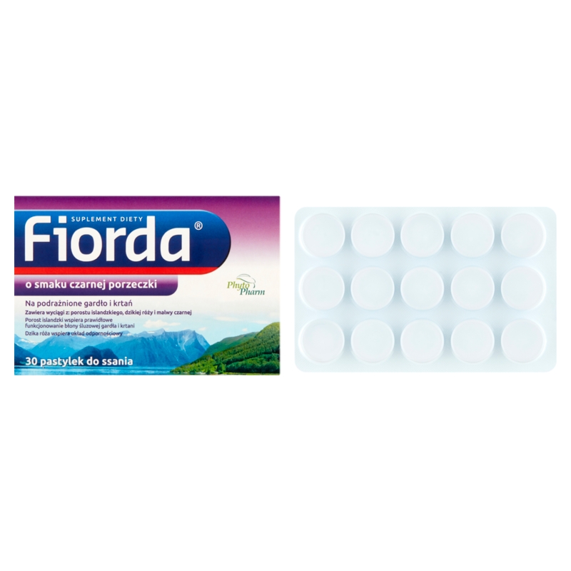 Fiorda, pastylki ze składnikami wspomagającymi w podrażnieniach gardła i krtani, o smaku czarnej porzeczki, 30 szt.