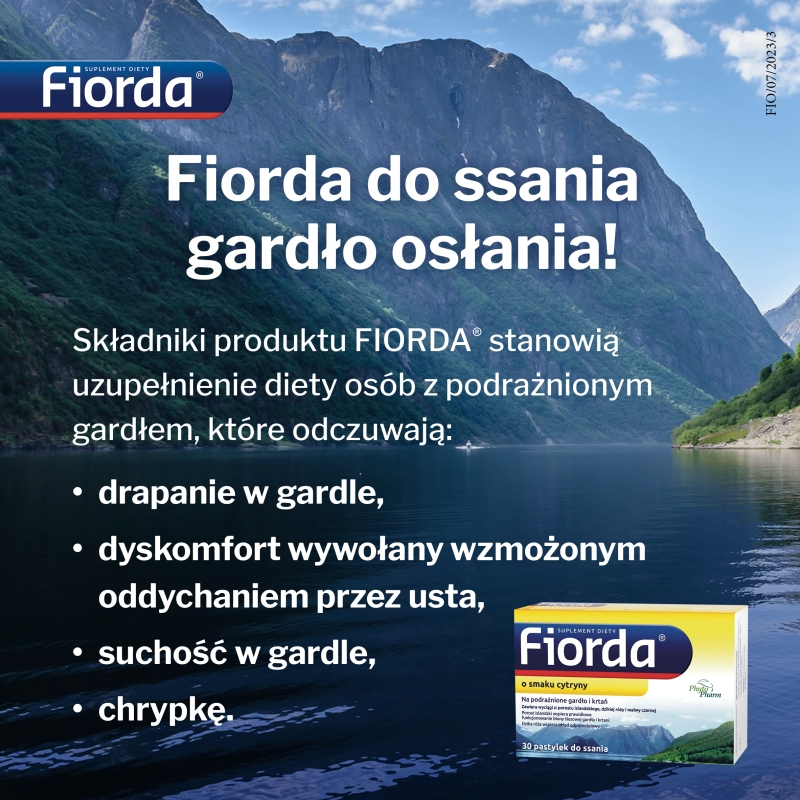 Fiorda, pastylki do ssania ze składnikami na podrażnione gardło i krtań o smaku cytryny, 30 szt.