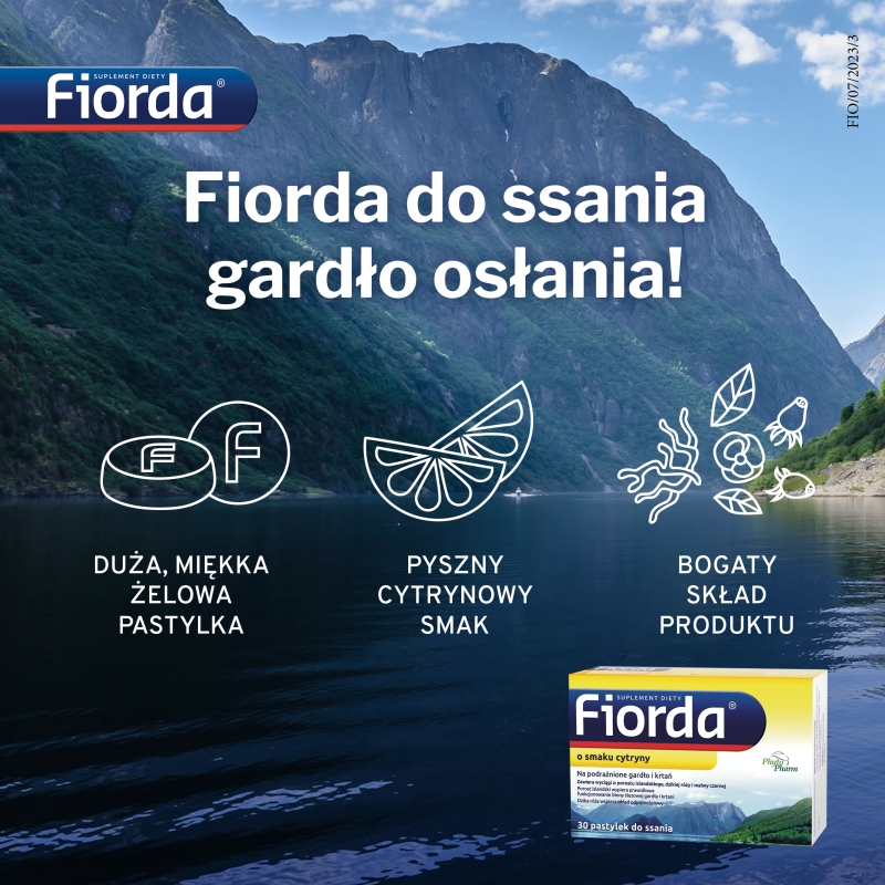 Fiorda, pastylki do ssania ze składnikami na podrażnione gardło i krtań o smaku cytryny, 30 szt.