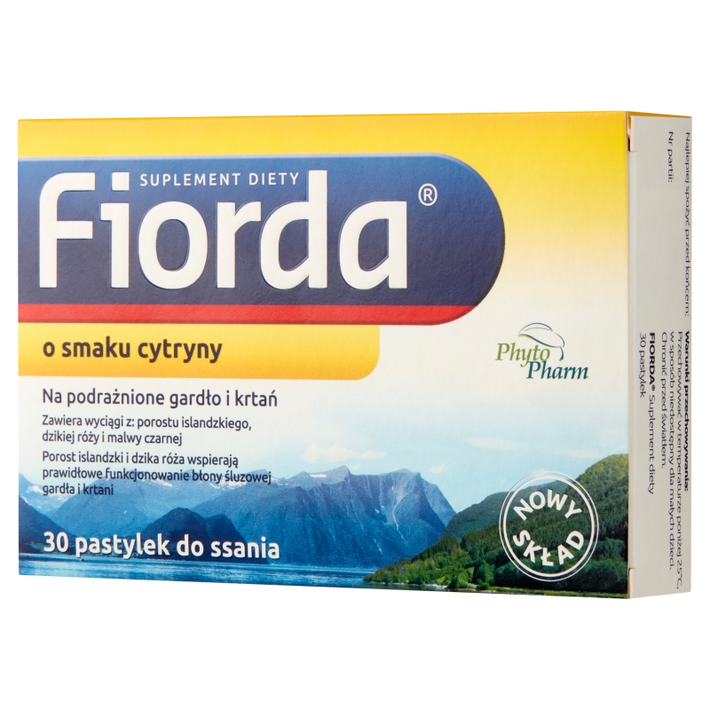 Fiorda, pastylki do ssania ze składnikami na podrażnione gardło i krtań o smaku cytryny, 30 szt.