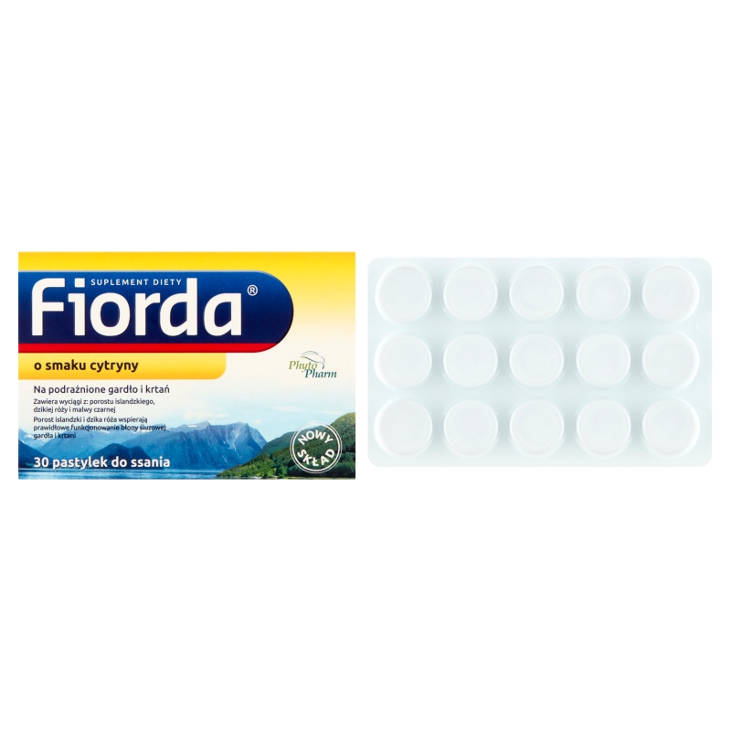Fiorda, pastylki do ssania ze składnikami na podrażnione gardło i krtań o smaku cytryny, 30 szt.