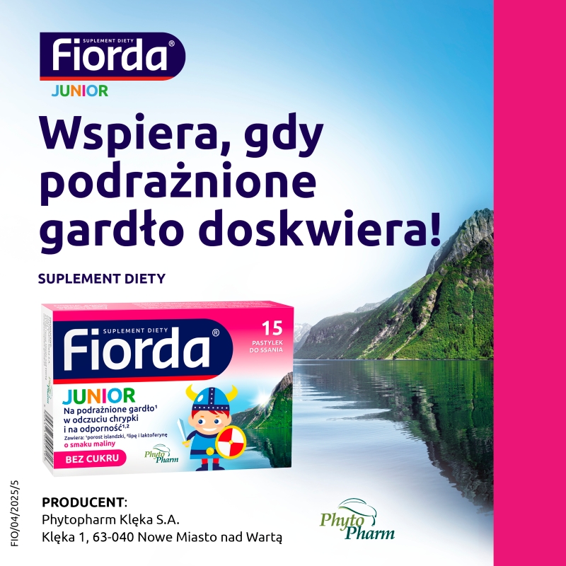 Fiorda Junior, pastylki ze składnikami wspomagającymi w podrażnieniach gardła i krtani dla dzieci o smaku malinowym, 15 szt.